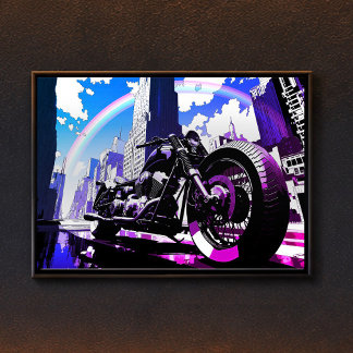 Affiche Miami Vice Synthwave Motorcycle Neon Rainbow Art