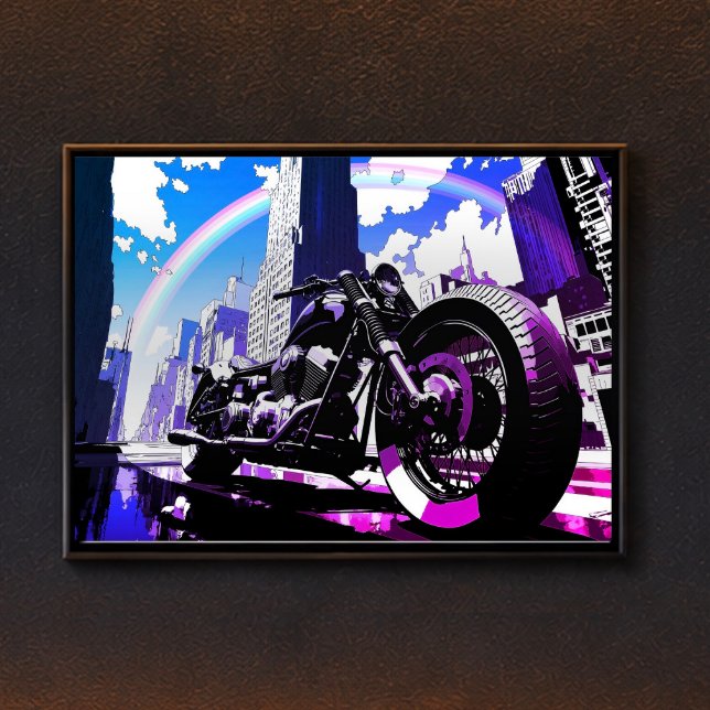 Affiche Miami Vice Synthwave Motorcycle Neon Rainbow Art (This image shows the product with a frame attached; the frame is not included.)