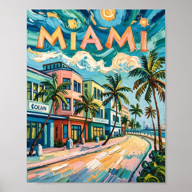 Affiche Miami's Ocean Drive Art in Van Gogh's Style Travel (Devant)