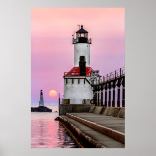 Affiche Michigan City Lighthouse et Sundown Sailboat