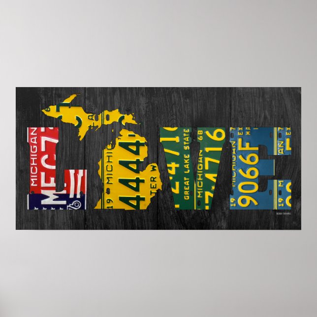 Affiche Michigan Love Recyclé License Plate Art Map (Devant)