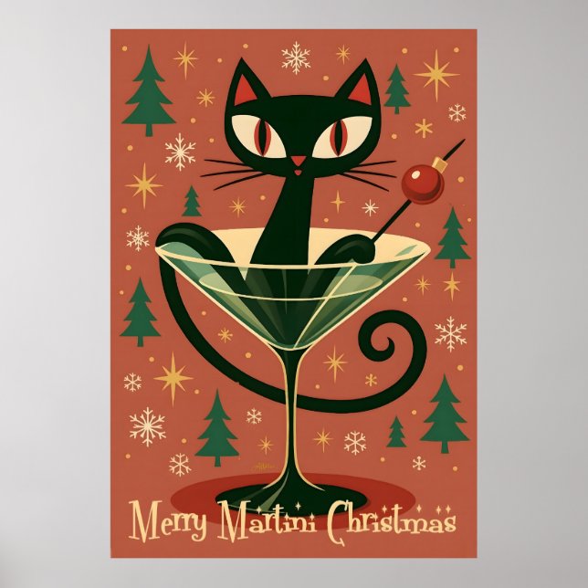 Affiche Mid Century Black Cat Merry Martini Christmas (Devant)