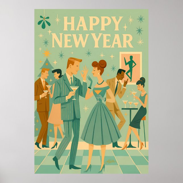 Affiche Mid Century Happy New Year The Martini Dance (Devant)