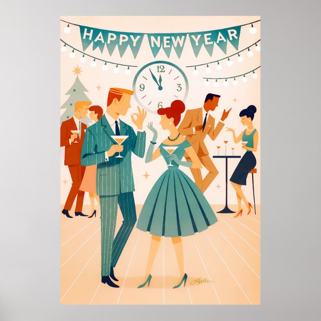 Affiche Mid Century Happy New Year The Martini Dance (Devant)