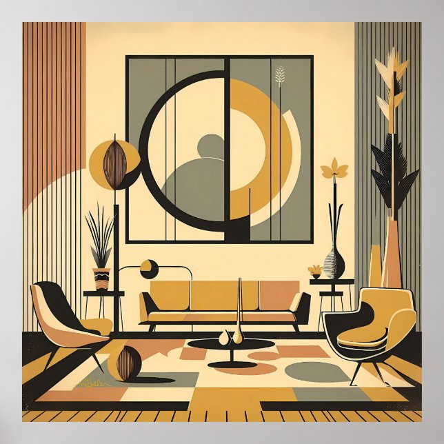 Affiche Mid Century Interior Design Autumn Hues Livingroom (Devant)