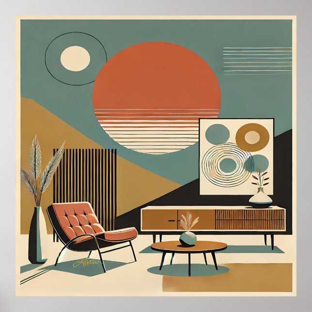 Affiche Mid Century Interior Design Sunrise Livingroom (Devant)