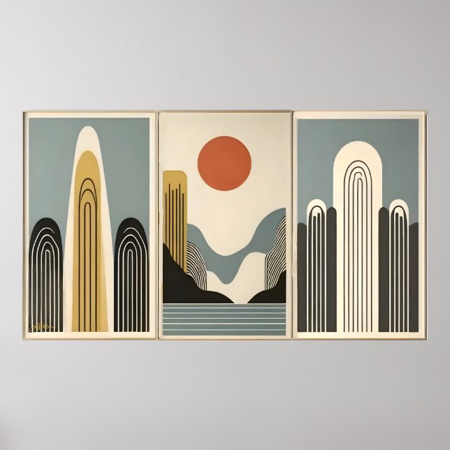 Affiche Mid Century Modern Art Mountain Lake Sunrise (Devant)