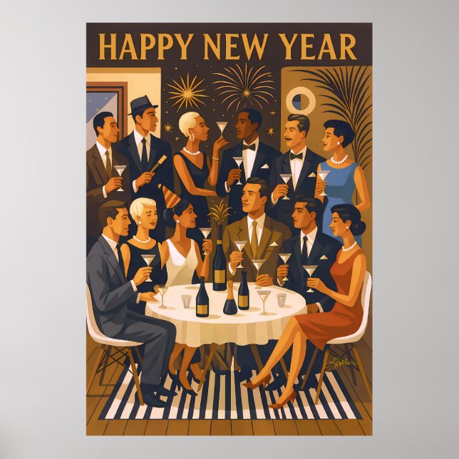 Affiche Mid Century Modern Martini Intellectuals New Year (Devant)