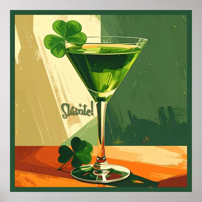 Affiche Mid Century Modern Shamrock Martini Sláinte!  (Devant)