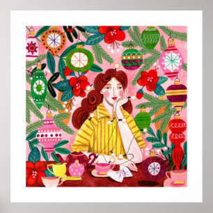 Affiche Mid Century Retro Femme Noël Vacances