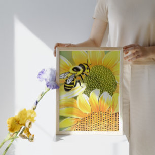 Affiche Miel Abeille Sur Tournesol Cute Naïve Art