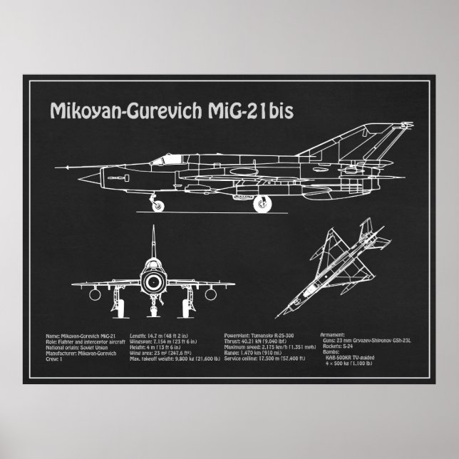 Affiche MiG-21 bis - Plan directeur de l'avion PD (Devant)