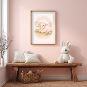 Affiche Mignon agneau bébé et fleurs pour la chambre de nu