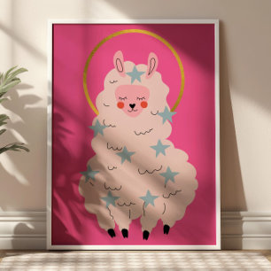 Affiche Mignon Alpaca Kawaii Nursery Rose Pastel