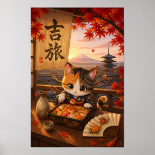 Affiche Mignon anime japonais chat kimono mont Fuji automn