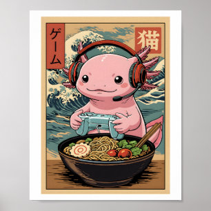 Affiche Mignon Axolotl Joueur Ramen Art Alimentaire de Jeu