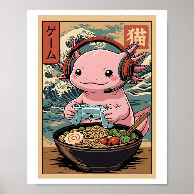 Affiche Mignon Axolotl Joueur Ramen Art Alimentaire de Jeu (Devant)