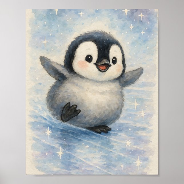 Affiche Mignon bébé manchot à l'aquarelle et étoiles scint (Devant)