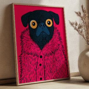 Affiche Mignon Bouledogue Noir en Fourrure Rose, Art de Mo