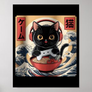 Affiche Mignon Chat de Joueur Kawaii Drôle Ramen Rétro Jap