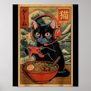 Affiche Mignon Chat de Joueur Kawaii Drôle Ramen Rétro Jap