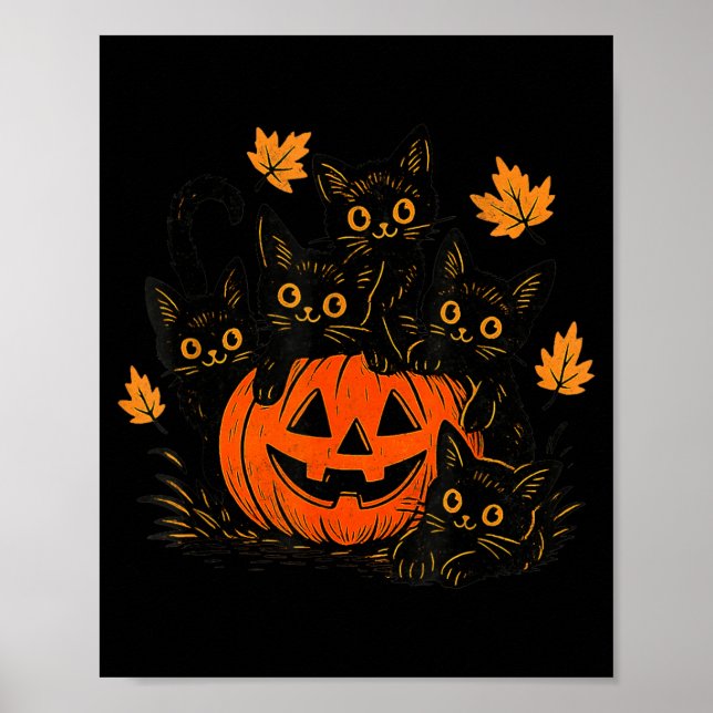 Affiche Mignon Chat Noir Citrouille Jack O Lantern Kitty D (Devant)