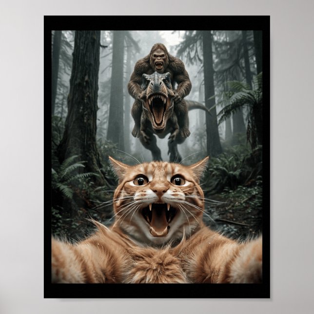 Affiche Mignon Chat Selfie Bigfoot à Cheval sur T Rex Forê (Devant)