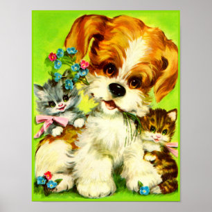 Affiche mignon chiot et chatons souriants