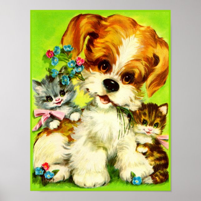 Affiche mignon chiot et chatons souriants (Devant)
