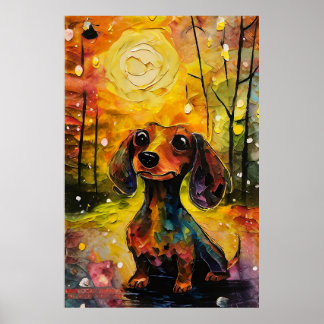Affiche Mignon chiot teckel fantaisiste dans la forêt