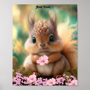 Affiche Mignon Écureuil Bébé Fantaisiste Fleurs Roses