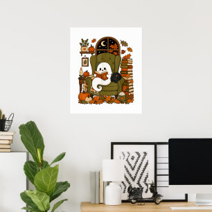 Affiche Mignon Fantôme Lisant un Livre Chat Noir Automne C