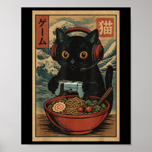 Affiche Mignon Kawaii Chat de Joueur Drôle Ramen Rétro Jap