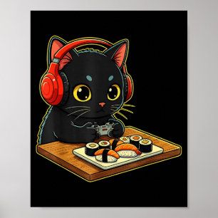 Affiche Mignon Kawaii Chat Noir Funny Sushi Rétro Japonais