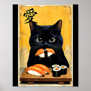 Affiche Mignon Kawaii Chat Noir Mangeant Sushi Drôle Japon