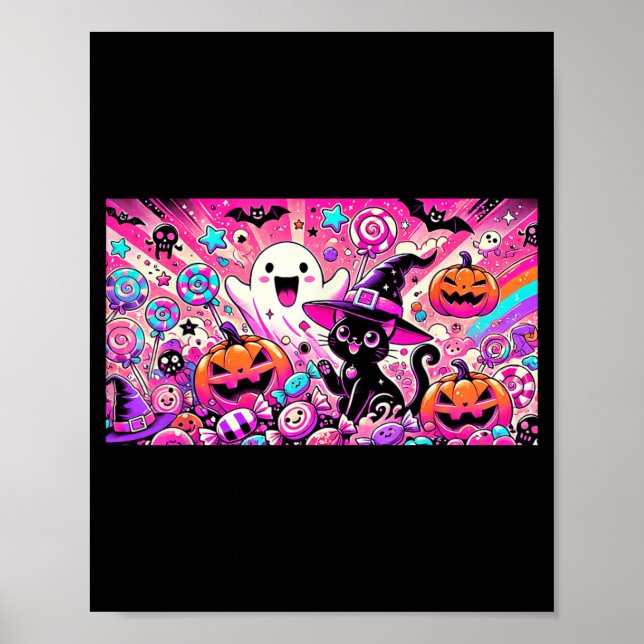 Affiche Mignon Kawaii Fantôme d'Halloween et Art de Chat N (Devant)