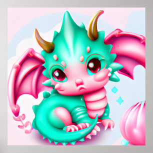 Affiche Mignon Kawaii sarcelle et bébé dragon rose