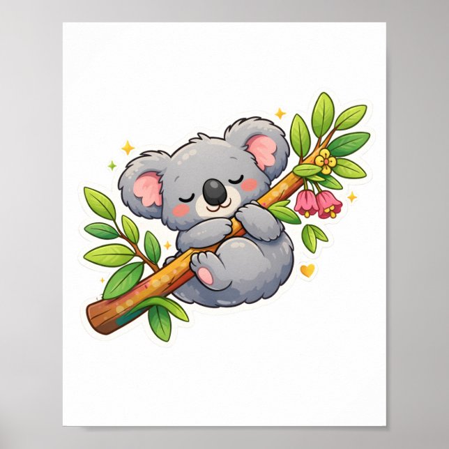 Affiche Mignon koala endormi sur une branche d'eucalyptus  (Devant)