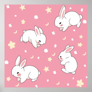 Affiche Mignon Lapin Kawaii Rose Doodle