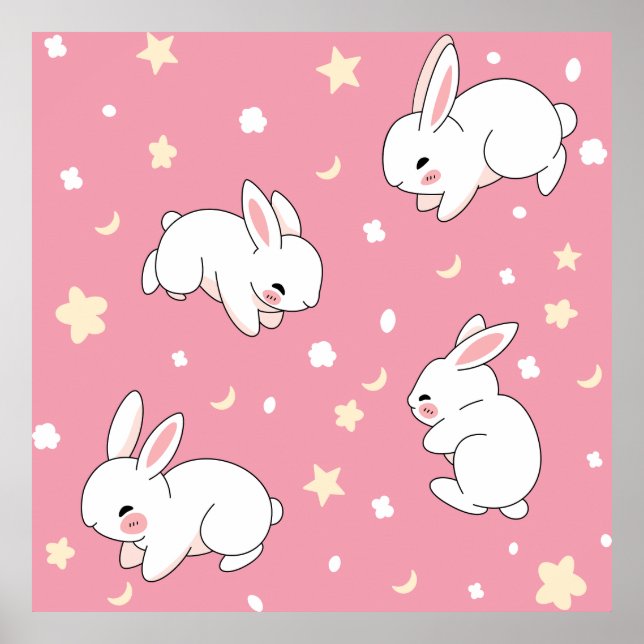 Affiche Mignon Lapin Kawaii Rose Doodle (Devant)