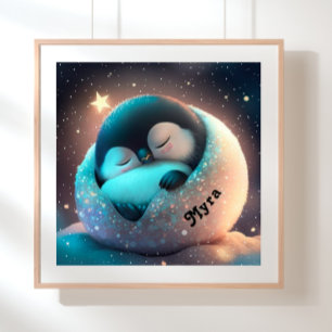 Affiche Mignon Manchot dormant Étoiles Lune Art Nurserie