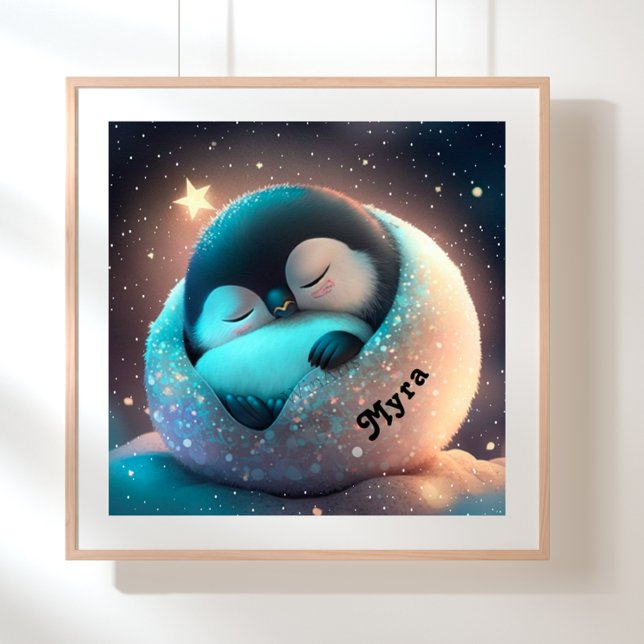 Affiche Mignon Manchot dormant Étoiles Lune Art Nurserie (Créateur téléchargé)