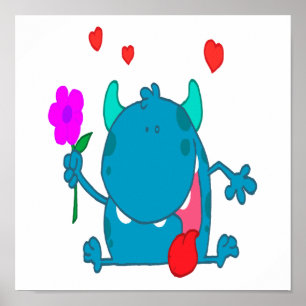 Affiche mignon monstre d'amour bleu