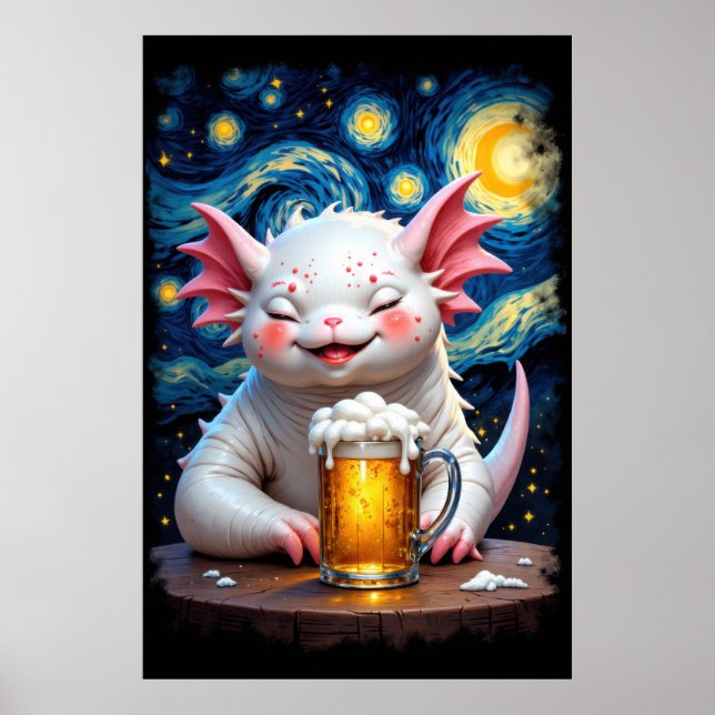 Affiche Mignon monstre souriant avec une tasse de bière et (Devant)