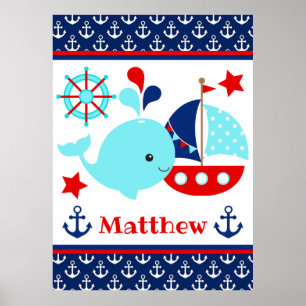 Affiche Mignon motif baleine bleue et ancres nautiques