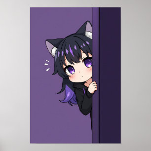 Affiche Mignon Neko Chibi qui Épie – Fille Chatte Violette