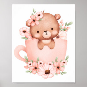 Affiche Mignon ours en peluche rose dans une tasse avec de