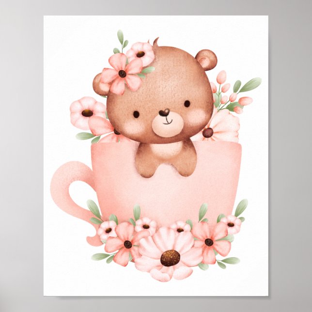 Affiche Mignon ours en peluche rose dans une tasse avec de (Devant)