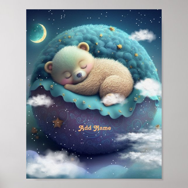 Affiche Mignon Ours Endormi Oreiller Bleu Étoiles Lune Nur (Devant)