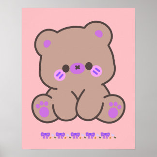 Affiche Mignon Ours Kawaii avec des Rubans Violets - Affic